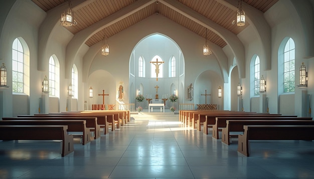 a 3D postcard showing an empty church sanctuary