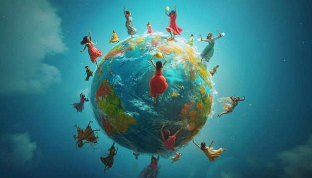 a 3D poster featuring an interactive globe with animated figures of women from various cultures cele