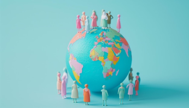 a 3D poster featuring an interactive globe with animated figures of women from various cultures cele