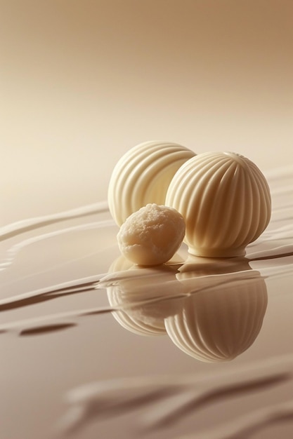 A 3D poster featuring a simple pair of white chocolate truffles