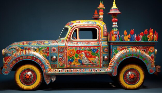 Photo a 3d poster featuring a solitary finely detailed pakistani truck art horn showcasing colorful pa