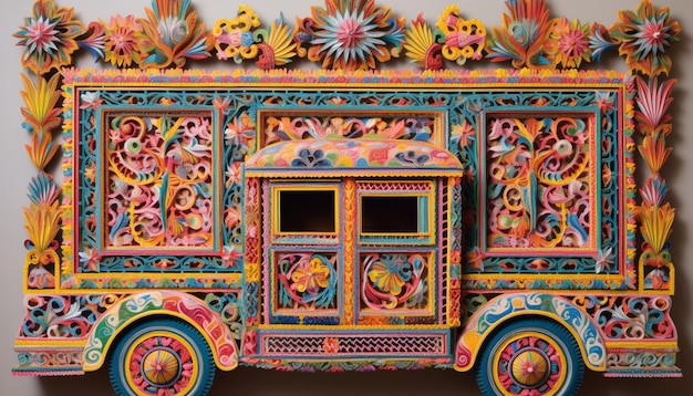 a 3D poster highlighting a single elegantly carved Pakistani Truck Art Mirror focusing on the in