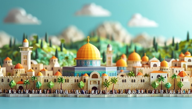 a 3D poster showing Jerusalems cityscape with people carrying palm branches