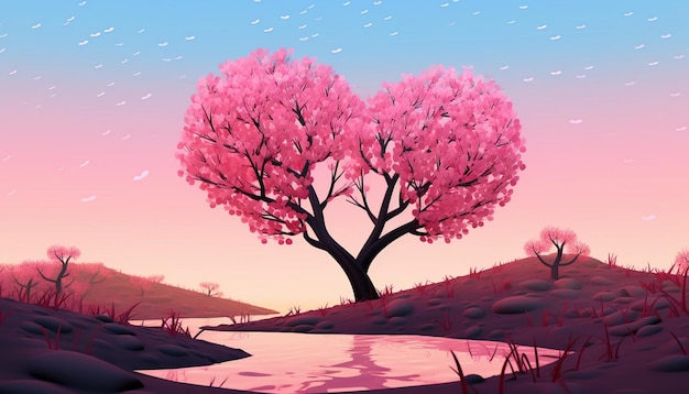 Photo a 3d poster of a small whimsical cherry blossom tree with its branches forming a heart shape