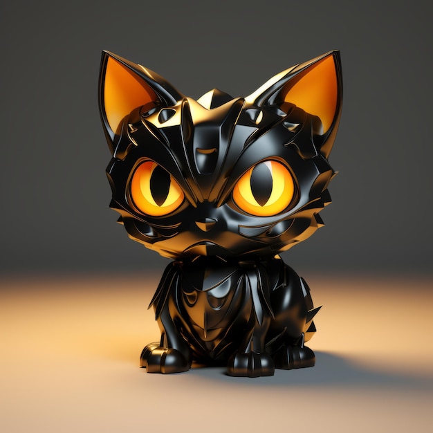 a 3d printed black cat with orange eyes