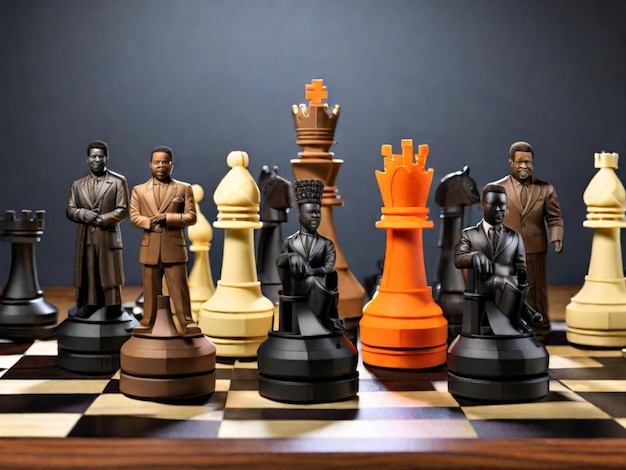 A 3D printed chess set with pieces representing notable black historical figures as chess pieces This could include leaders artists scientists and other influential individuals