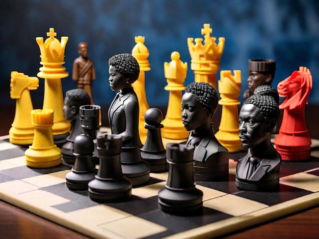 A 3D printed chess set with pieces representing notable black historical figures as chess pieces This could include leaders artists scientists and other influential individuals