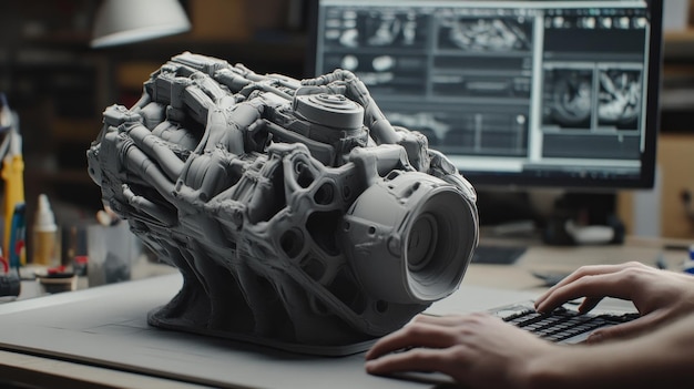 Photo 3d printed model of a futuristic mechanical device