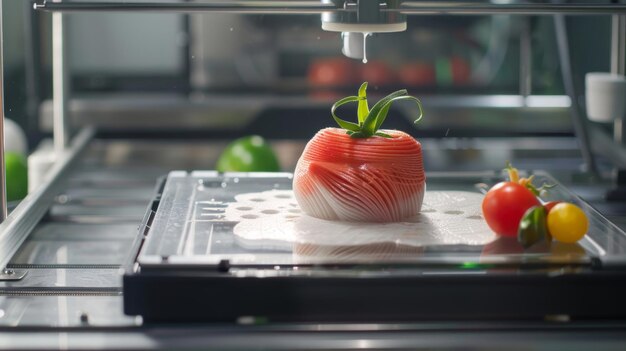 Photo 3d printed tomato being created on a platform with other tomatoes beside it