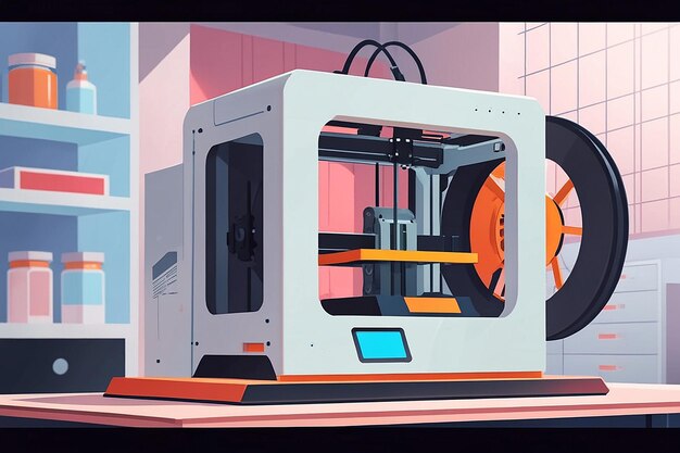 3D Printer Creating Model in Technology Lab Vector Illustration