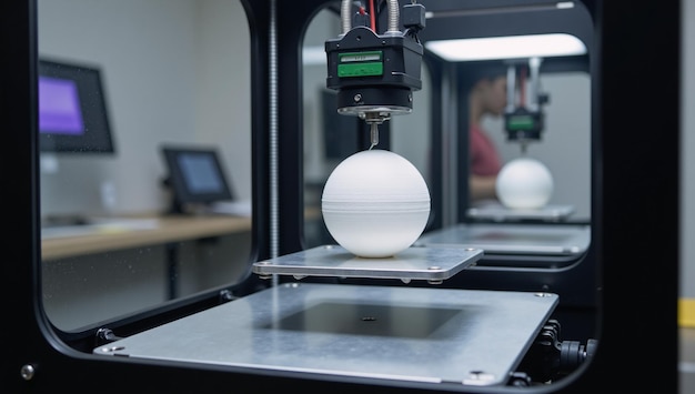 A 3D printer generates a white plastic sphere in a laboratory setting