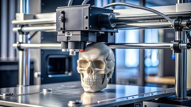 Photo 3d printer printing a model in the form of black skull closeup the 4ht industrial revolution auto