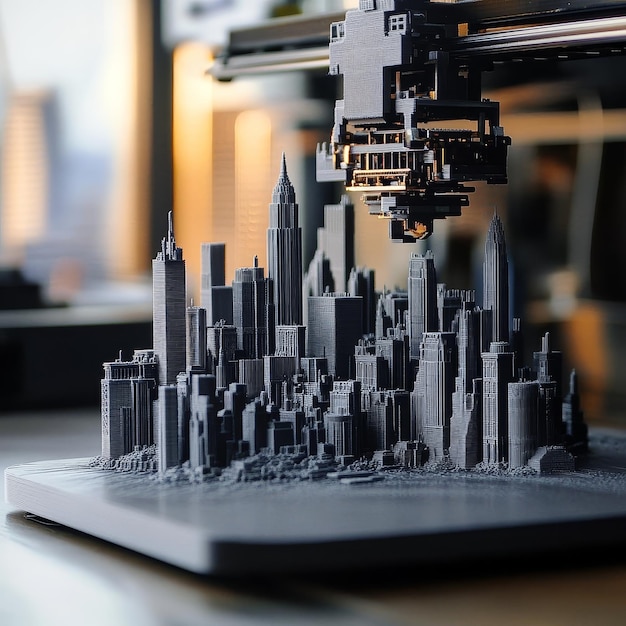 Photo 3d printer prints a model of a city 3d printing concept