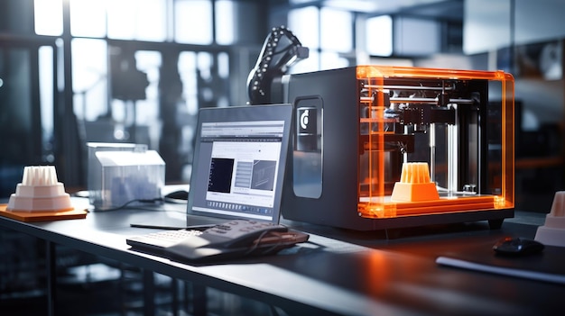 Photo a 3d printer sits on a desk next to a laptop and a mouse the printer is lit up with an orange glow and the laptop screen shows a 3d model