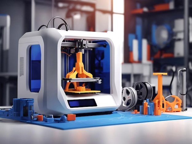 3D printer on workplace of engineer maker with abstract tech schema of additive technologies