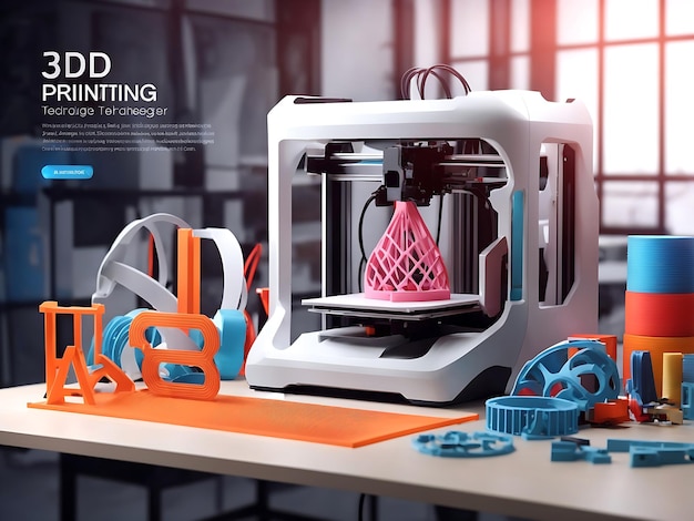 3D printer on workplace of engineer maker with abstract tech schema of additive technologies