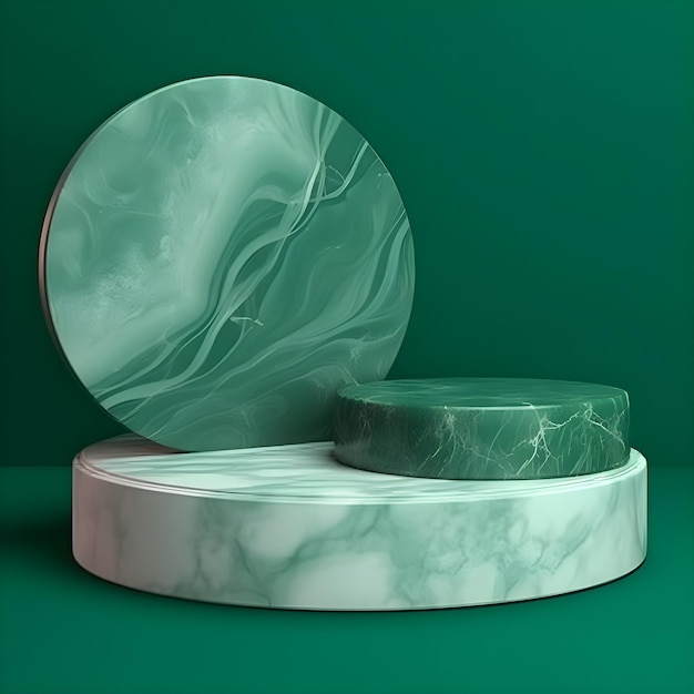 3D product podium green marble with a white circle behind it