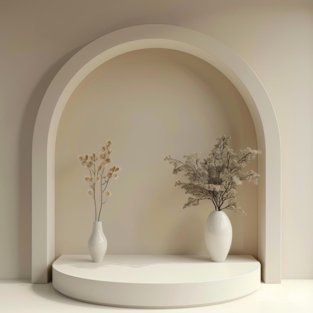 3D product renderings podium display white arch wall with vases and flowers on it beige backgroun