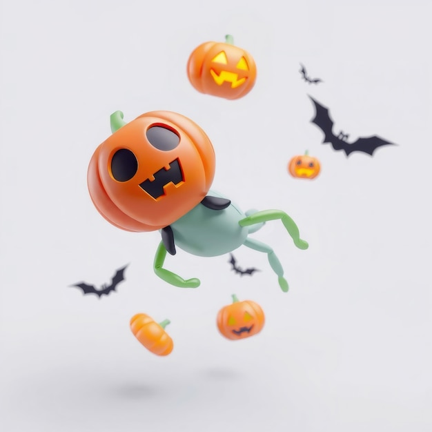 A 3D pumpkin character with green legs floating in the air with other pumpkins and bats around it