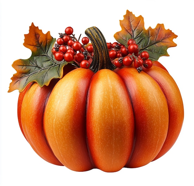 3D Pumpkin with Green Leaves and Berries on a White Background