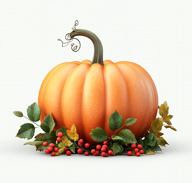 Photo 3d pumpkin with green leaves and berries on a white background