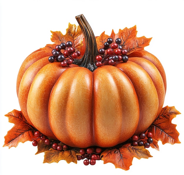 3D Pumpkin with Green Leaves and Berries on a White Background