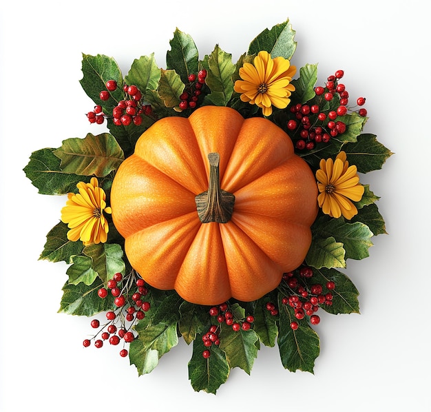 3D Pumpkin with Green Leaves and Berries on a White Background