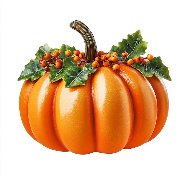 3D Pumpkin with Green Leaves and Berries on a White Background