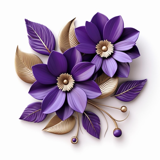 3D purple flowers clipart on white background