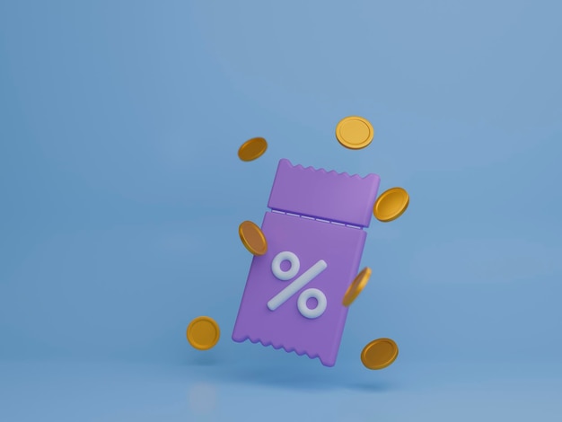 3d purple flying coupon and gold coins on light blue background Voucher gift 3d rendering