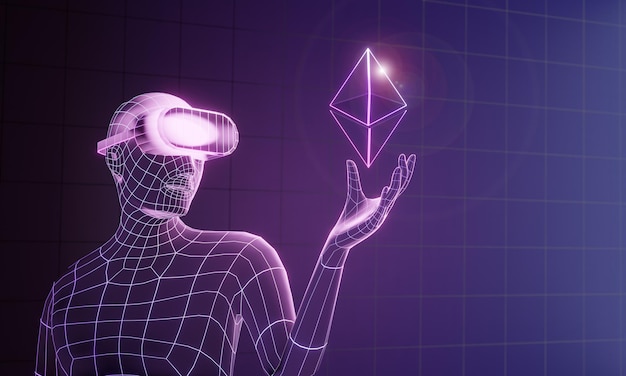 3D purple wireframe virtual human wear VR headset holding cryptocurrency sign