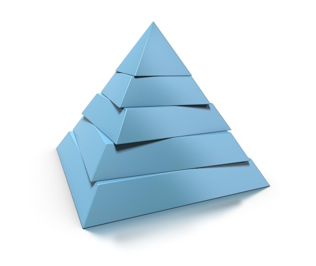 Photo 3d pyramid, five levels over white background with glossy reflection and shadow