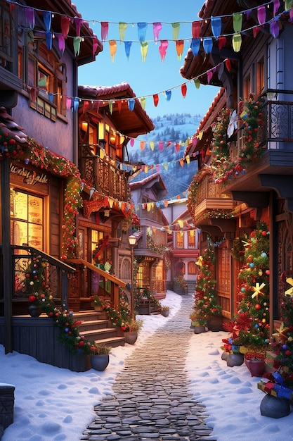 a 3D quaint Romanian village street with houses adorned with Martisor decorations