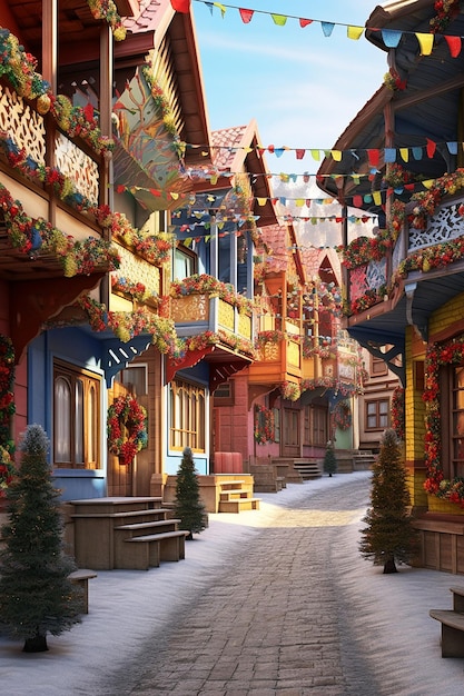 a 3D quaint Romanian village street with houses adorned with Martisor decorations