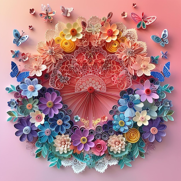 Photo 3d quilling paper art a fan surrounded by flowers and butterflies in pastel rainbow colors against