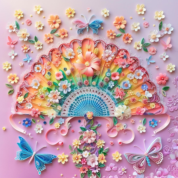 Photo 3d quilling paper art a fan surrounded by flowers and butterflies in pastel rainbow colors against