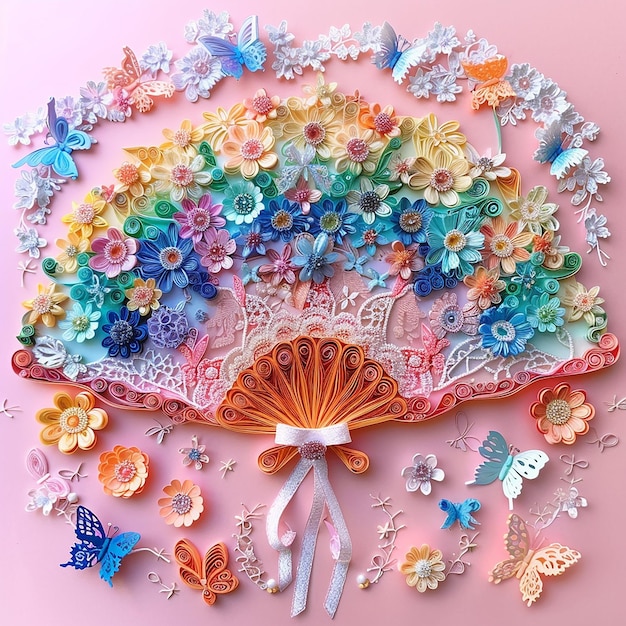 Photo 3d quilling paper art a fan surrounded by flowers and butterflies in pastel rainbow colors against