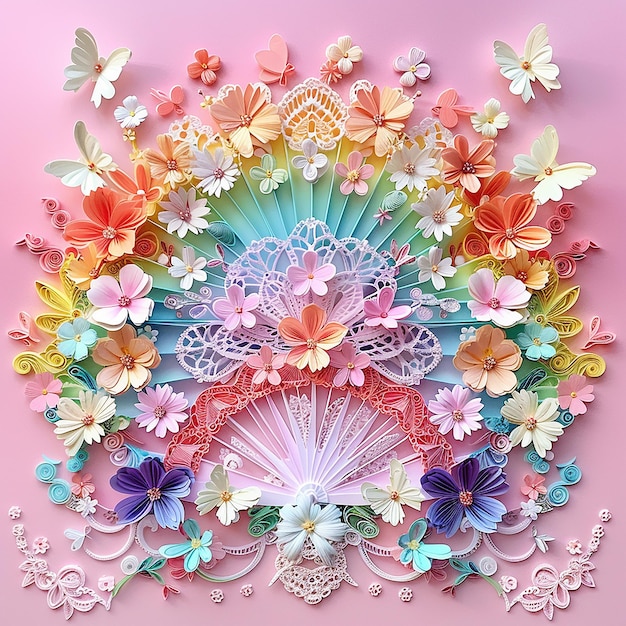 Photo 3d quilling paper art a fan surrounded by flowers and butterflies in pastel rainbow colors against