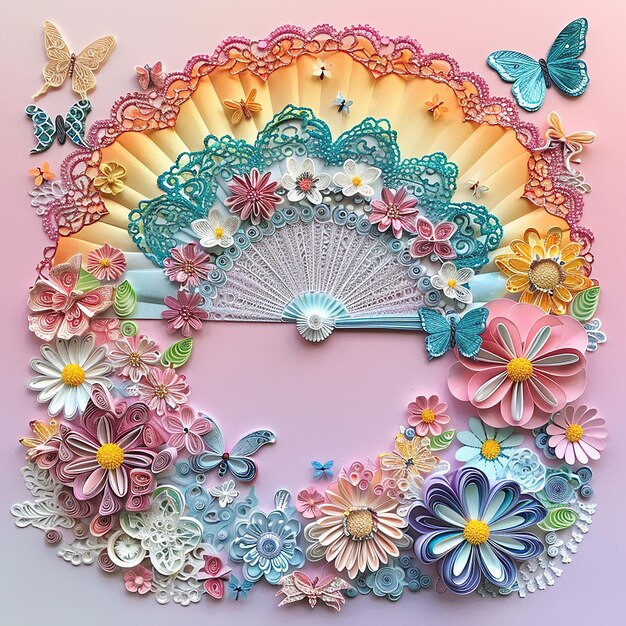 Photo 3d quilling paper art a fan surrounded by flowers and butterflies in pastel rainbow colors against