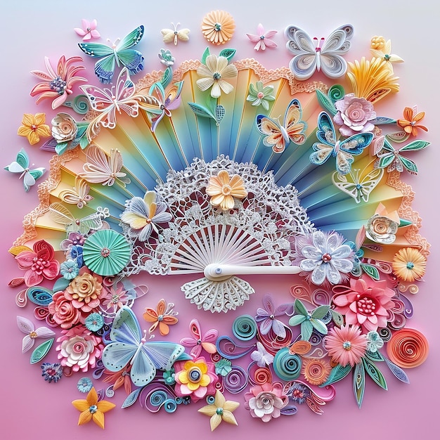 Photo 3d quilling paper art a fan surrounded by flowers and butterflies in pastel rainbow colors against