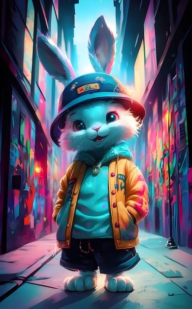 A 3d of a rabbit wearing jacket and a cap with a colorful background abstract art