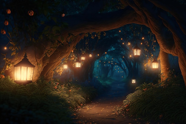 3d ramadan moon and lantern Fairy forest at night, fantasy glowing flowers and lights