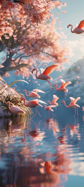 A 3D Realistic Action Style snapshot of a flock of flamingos taking flight from a crystal blue lake at dawn reflecting their pink hues