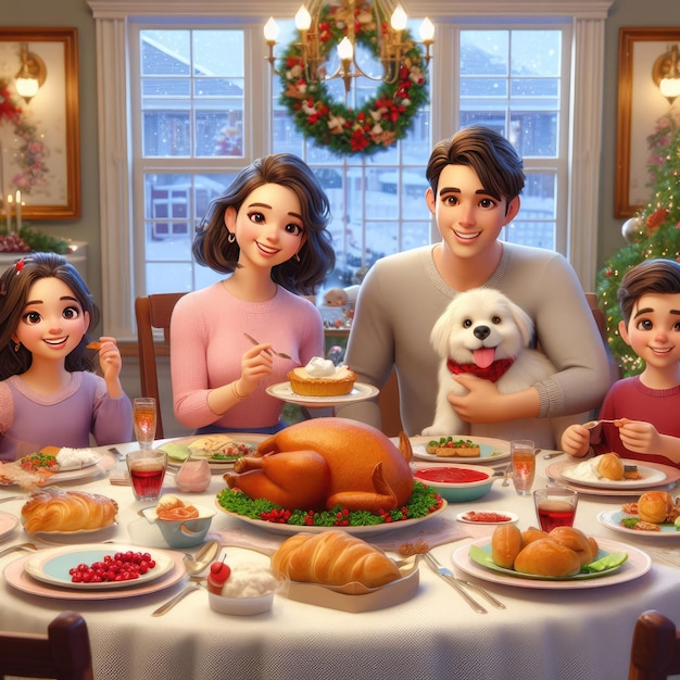 3d realistic art of a family eating roast turkey