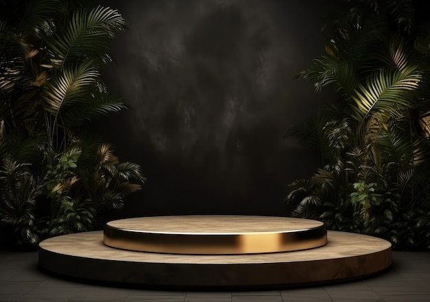 3d realistic black pedestal on a black background with golden elements and palm leaves Empty space design luxury mockup scene for product AI Generative