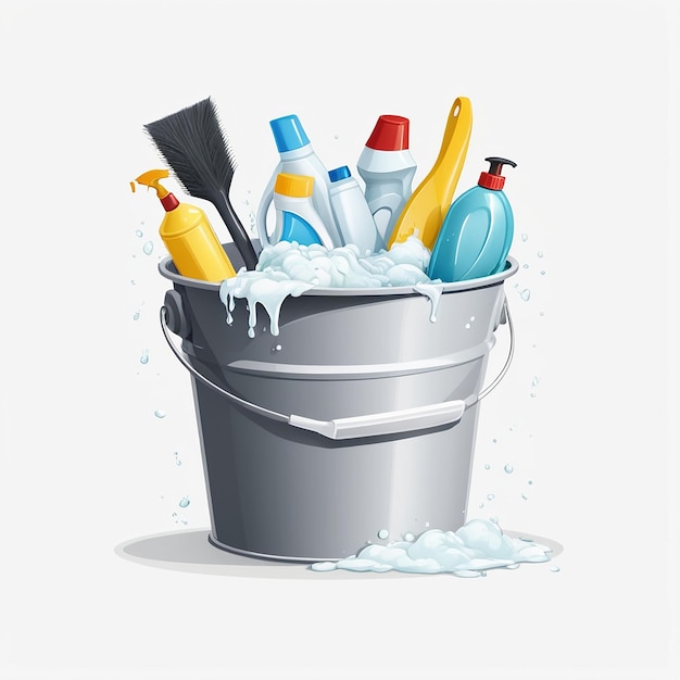 Photo 3d realistic bucket cleaning composition white background