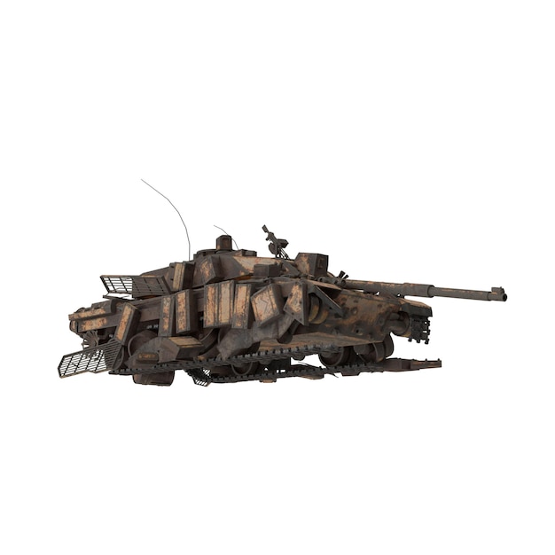 Photo 3d realistic destroyed burned tank isolated on a white background damaged rusty battle tank