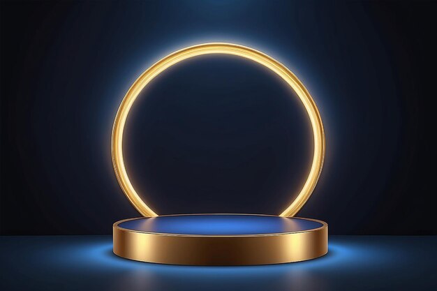 3D realistic empty gold podium stand with glowing golden circle illuminated neon lighting frame backdrop on dark blue background luxury style