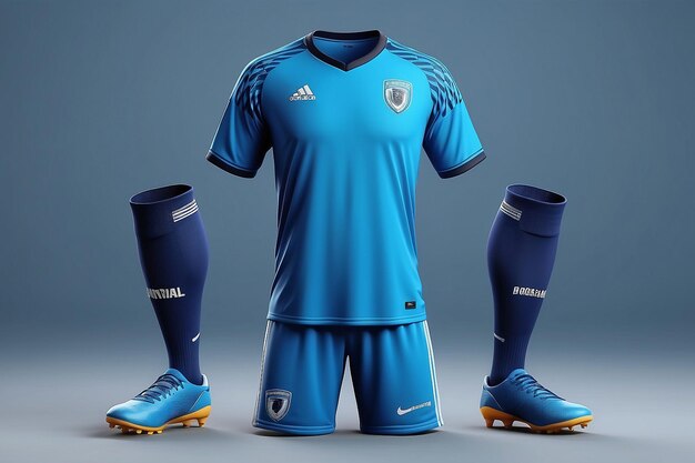 3D realistic of front and back of blue soccer jersey tshirt with pants and football sock