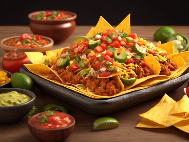 3D Realistic Image of A variety of Nachos and Other Mexican Food Served on A Table